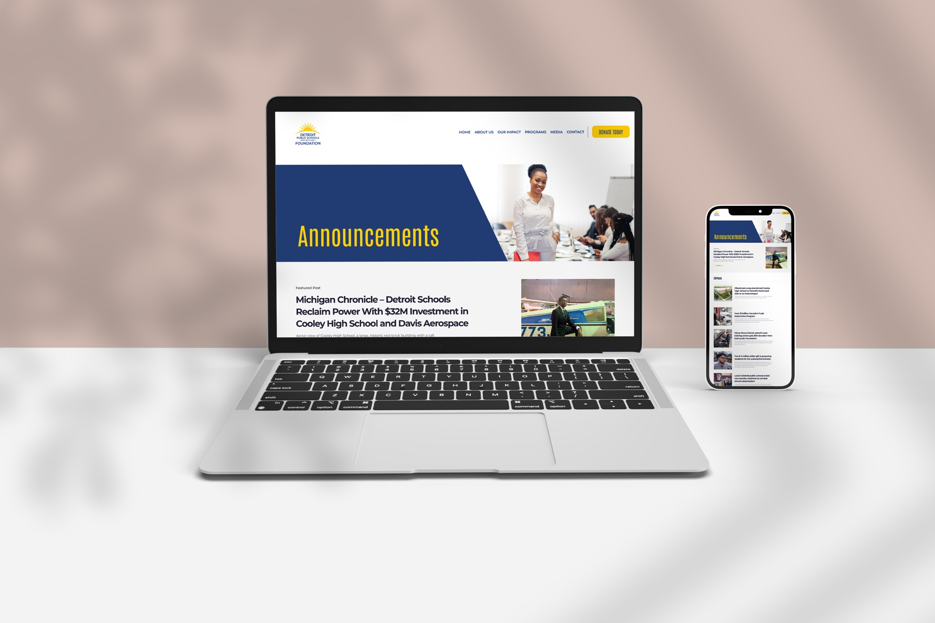 DPSCD Foundation Announcements page — laptop and phone mockup