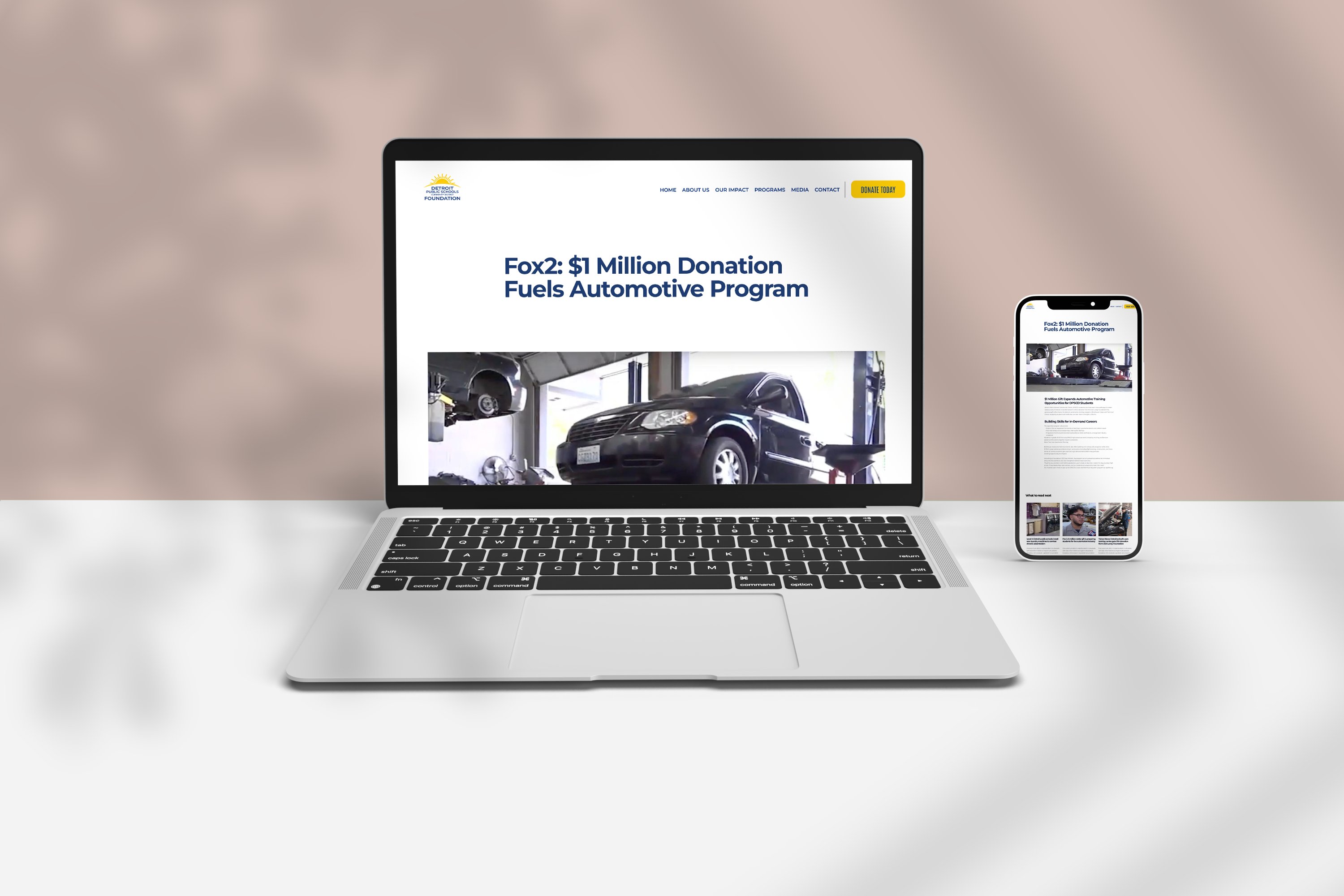 DPSCD Foundation article detail page — laptop and phone mockup showing Fox2 donation story