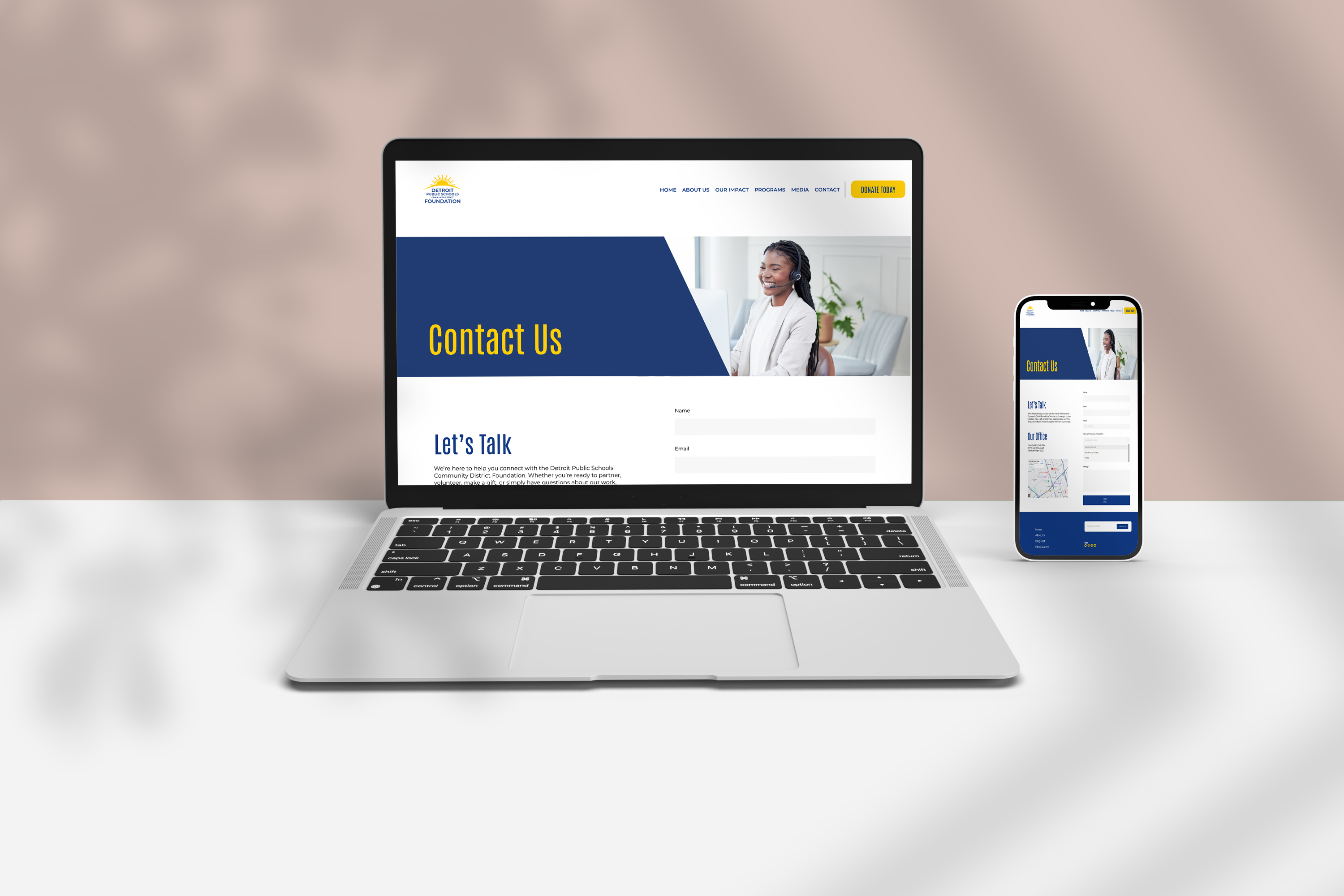 DPSCD Foundation Contact Us page — laptop and phone mockup