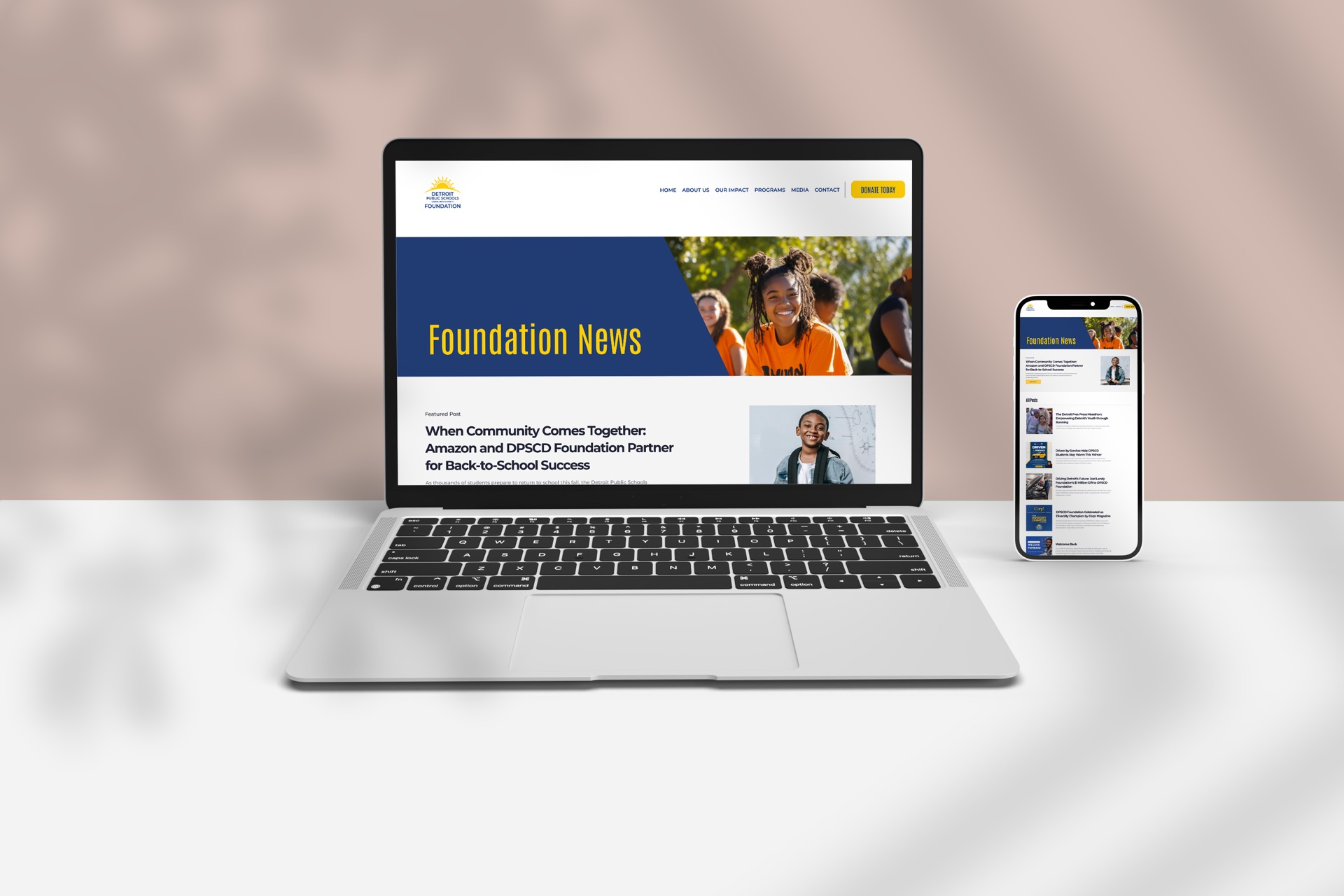 DPSCD Foundation News page with responsive mobile view