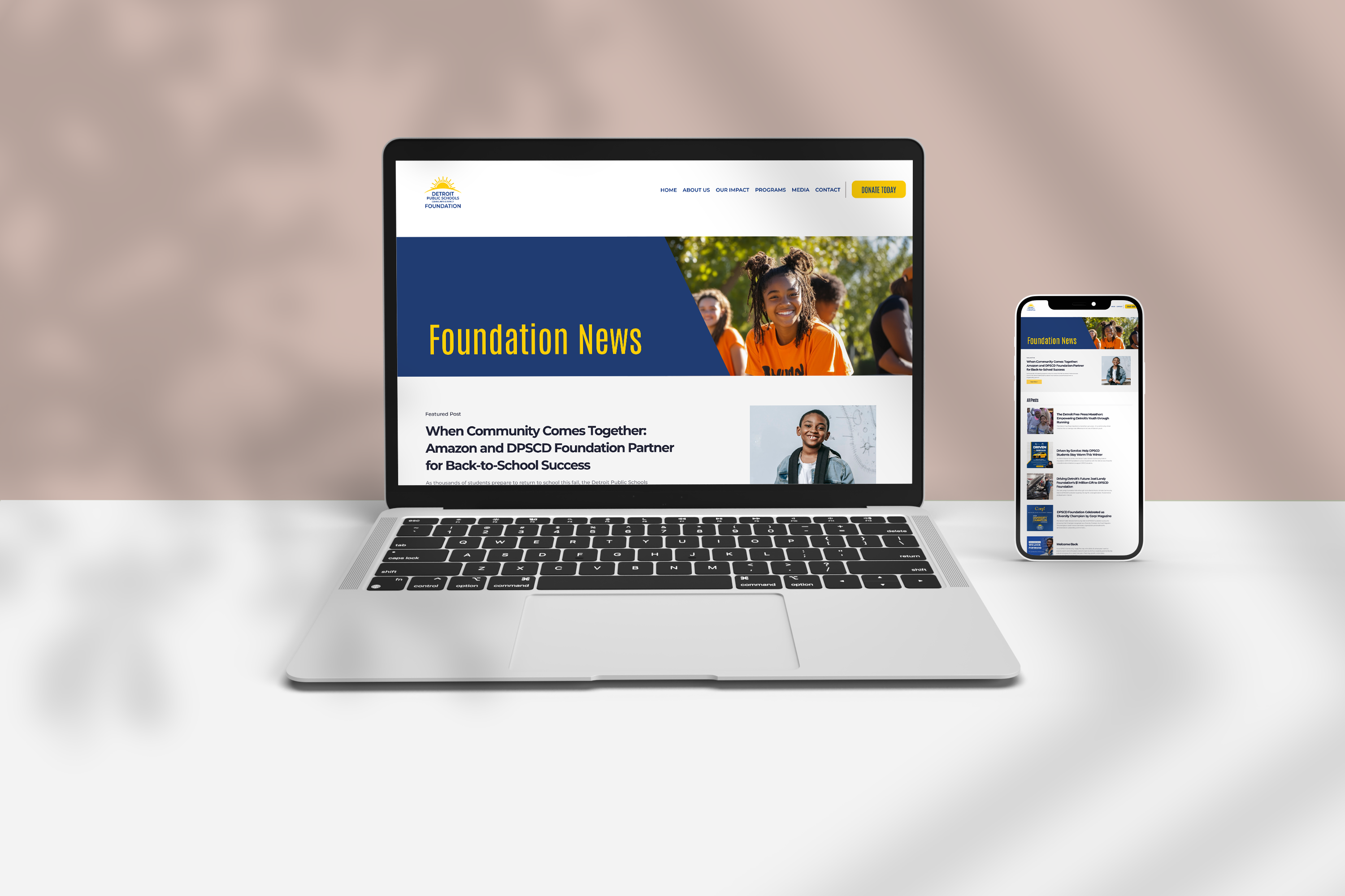 DPSCD Foundation News page with responsive mobile view