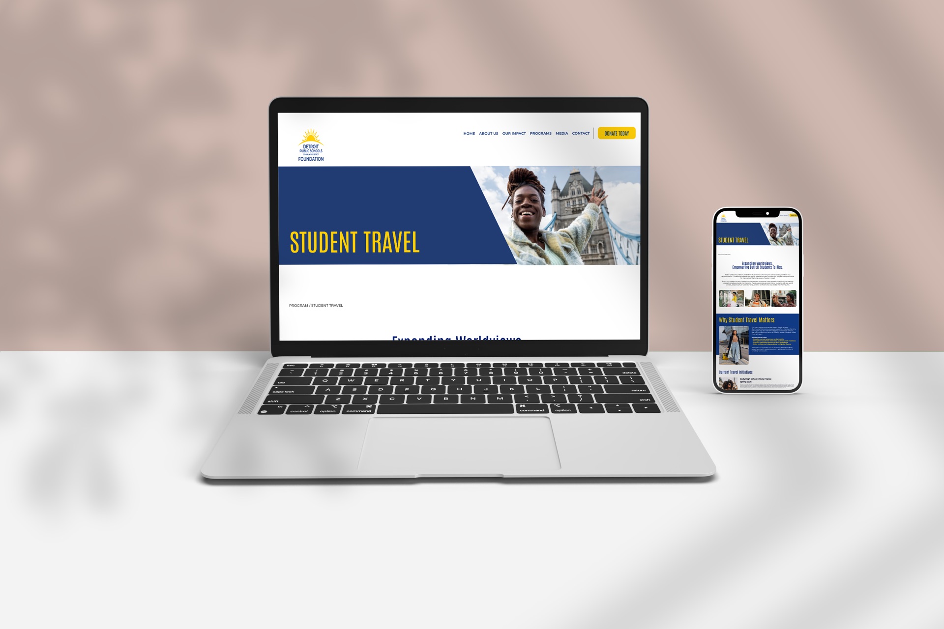 DPSCD Foundation Student Travel page — laptop and phone mockup