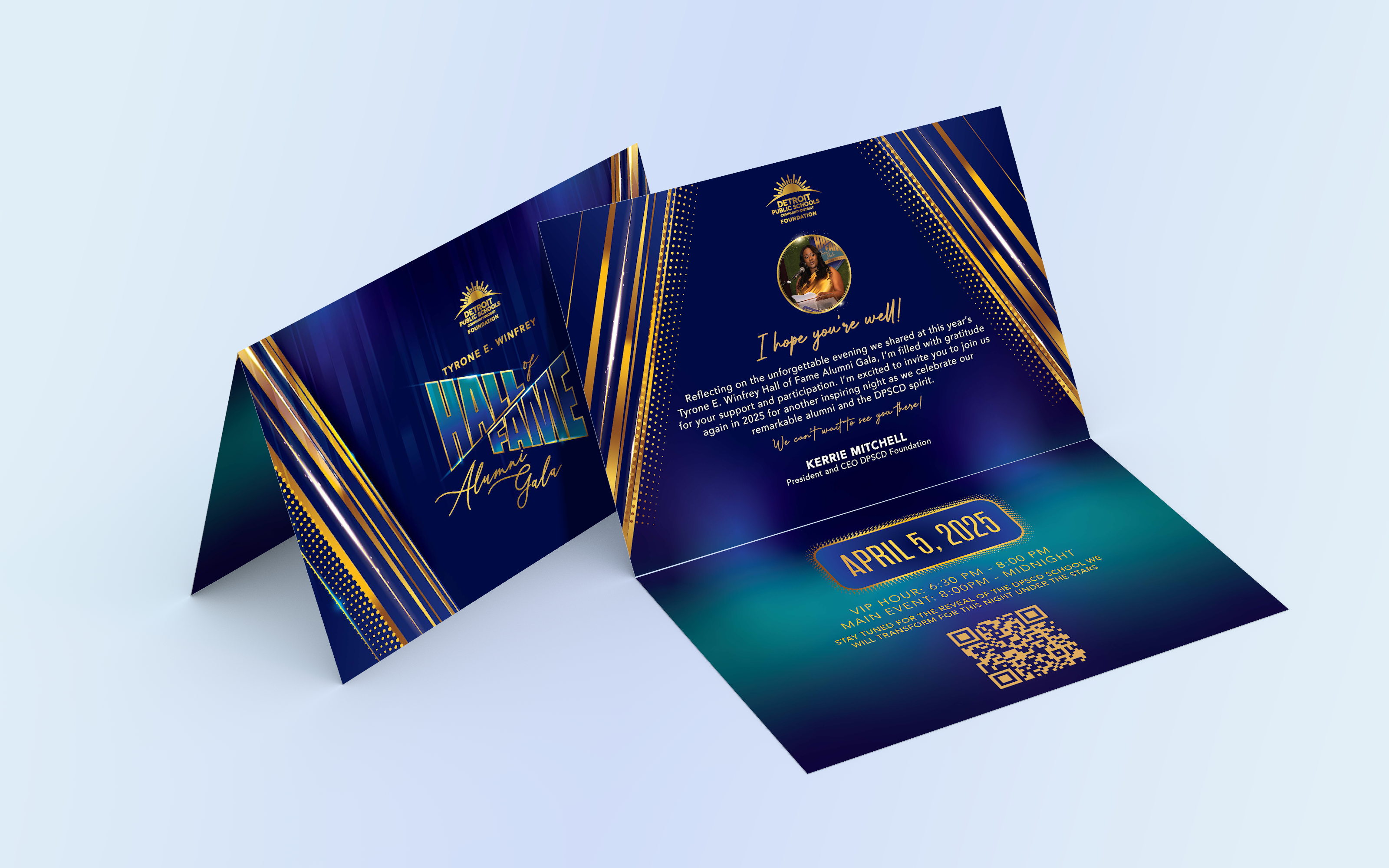 Hall of Fame Alumni Gala invitation open spread with QR code